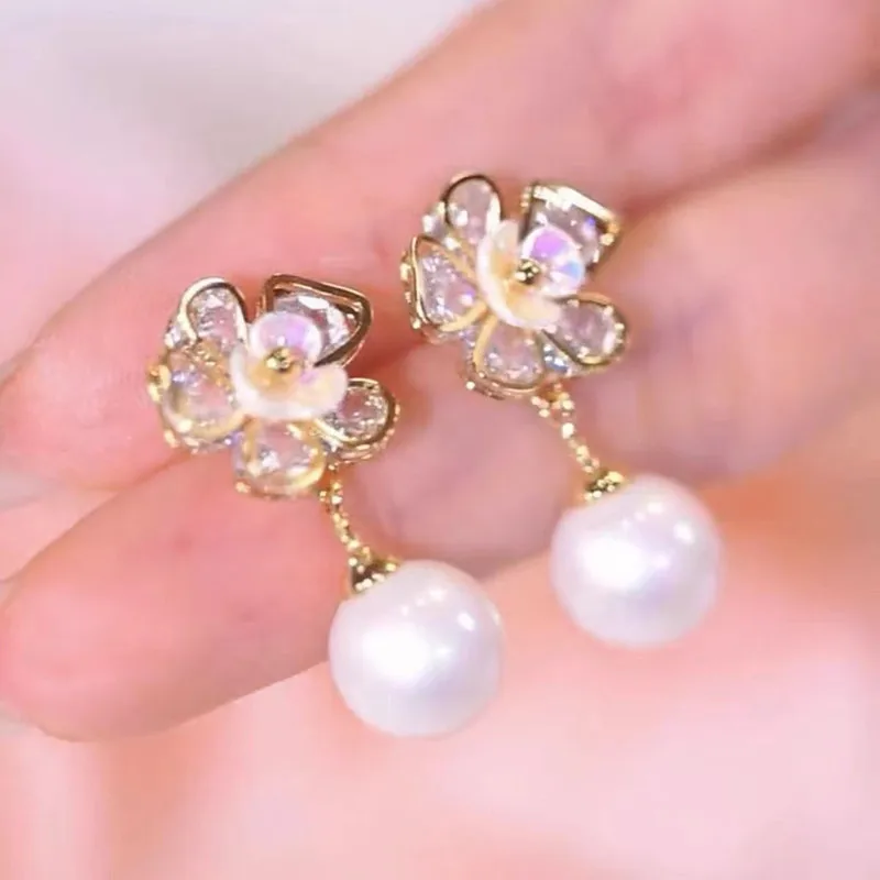 

Color Shell Flower Pearl Earrings For Women New Shiny Zircon Personality Fashion Earrings Wedding Jewelry Birthday Gifts