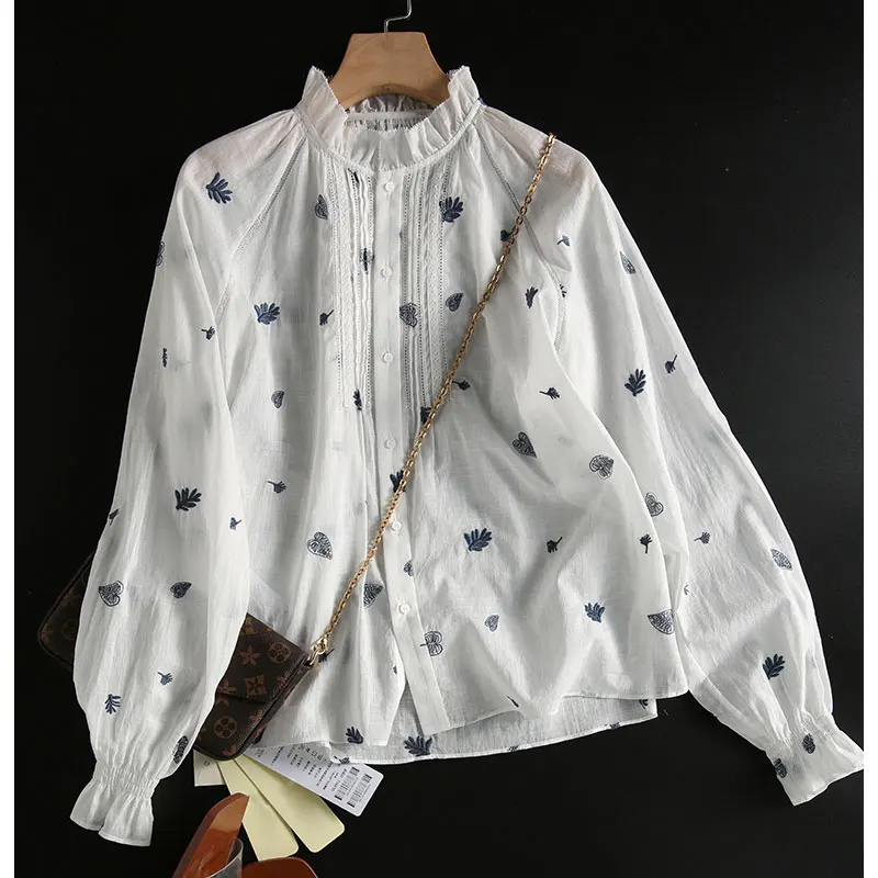 

Printed Shirt for Women Summer 2023 New In Cotton Blouses Long Sleeve Fashion Loose Korean O-Neck Top Casual Clothing