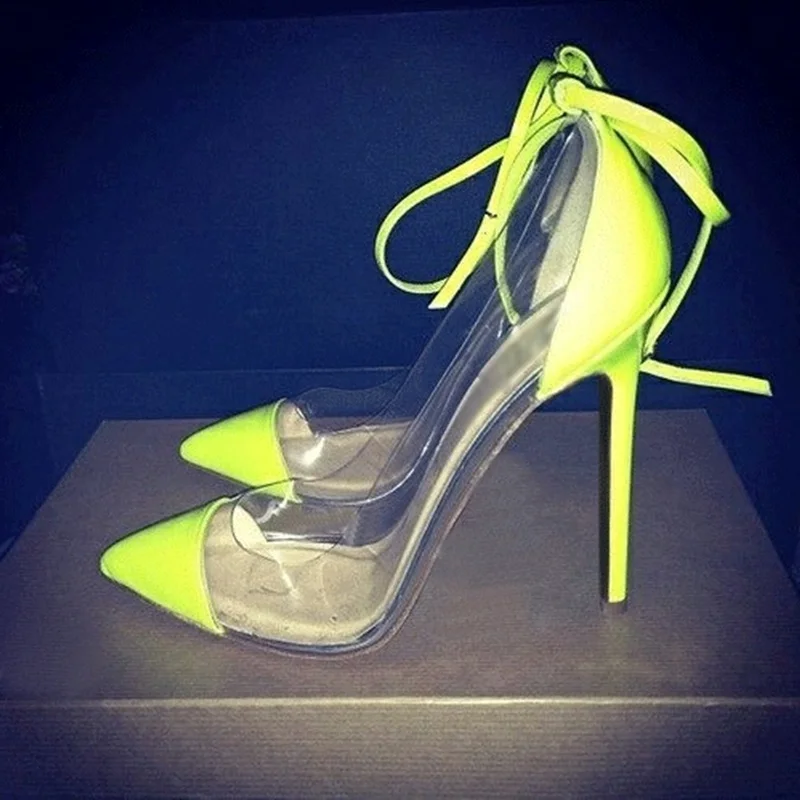 Fluorescent Green Patent Leather PVC Patchwork High Heels Pumps Clear Transparent Ankle Strap Pointed Toe Stiletto Heel Shoes