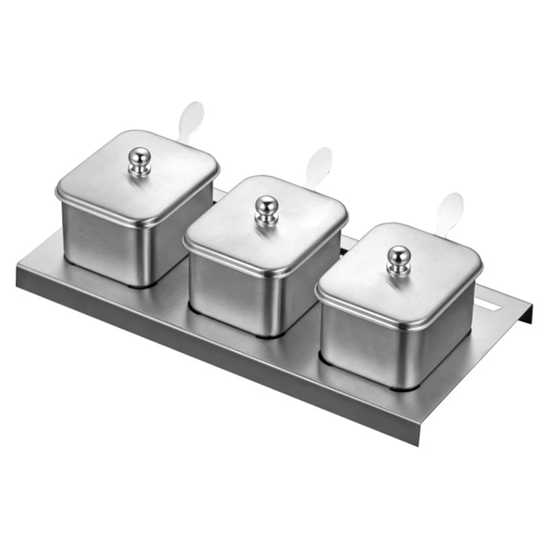 

Seasoning Box,Seasoning Rack Spice Pots, Storage Container Condiment Jars,Stainless Steel Cruet with Cover and Spoon