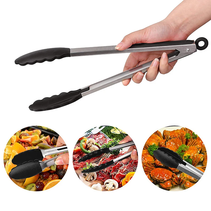 

7/9/12 Inch Long Bbq Tongs Non-Slip Handle Stainless Steel Fried Barbecue Clip Salad Bread Clamp Kitchen Tools Meat Food Clip