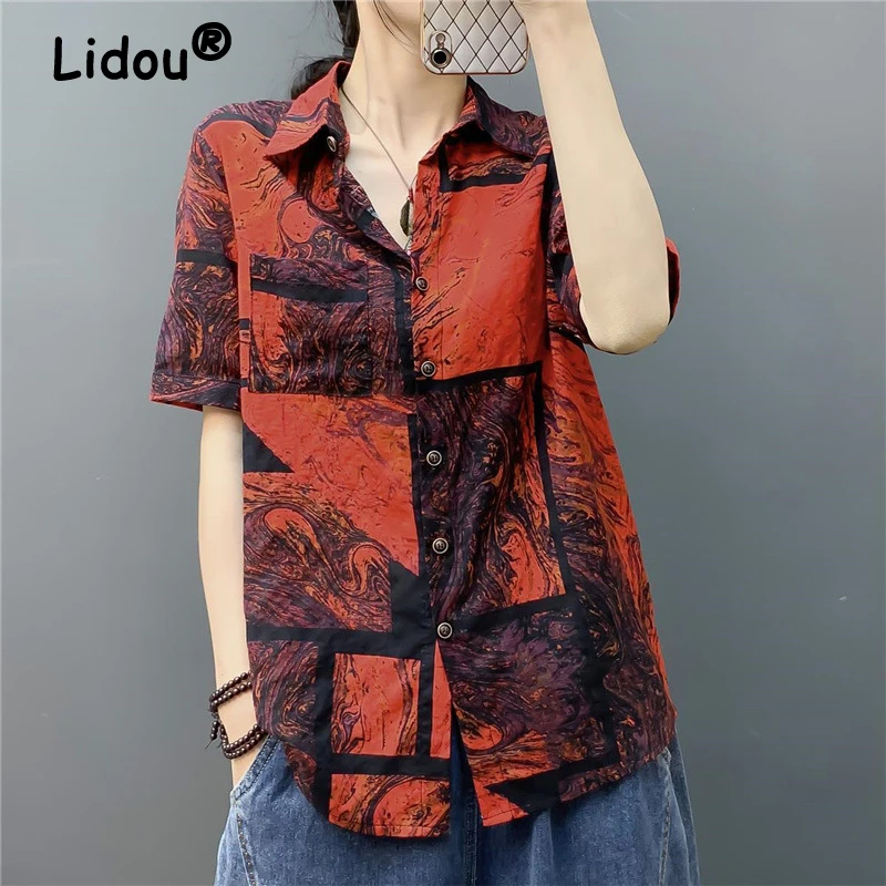 

Женская винтажная рубашка на пуговицах с принтом Y2K, летняя модная повседневная свободная хлопковая льняная блузка в стиле Харадзюку, Женск...