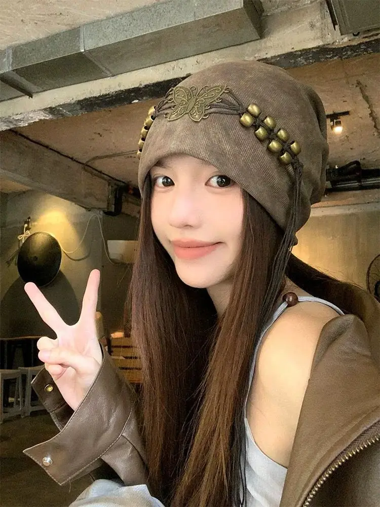 American vintage Tie-dye Tassel Beaded Beanie Hat Women Sweet Cool Lazy Feeling Toque Big Head Circumference Make Your Face L...