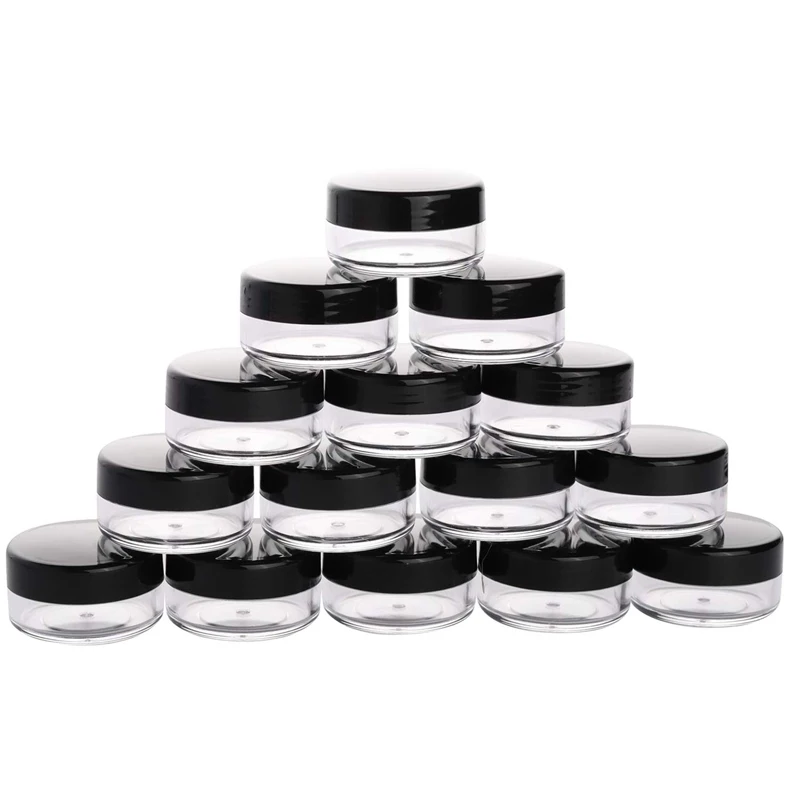 

200Pcs 2g 3g 5g 10g 15g 20g Round Pot Jars Plastic Cosmetic Containers Set With Black Lids For Liquid Creams Lip Balm Eyeshadow