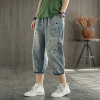 summer new patch embroidered denim cropped pants ripped light thin section elastic waist harem pants mom jeans