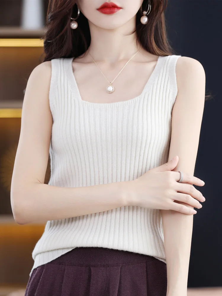 

Addonee Sleeveless Women Knitted Sweaters 100% Pure Merino Wool Cashmere Spring Summer Square Collar Top Shirt Pullover Clothing