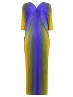 woman miyake pleated dress gradient design v neck short sleeves one step midi dresses elegant fashion 2022 new summer y2k dress
