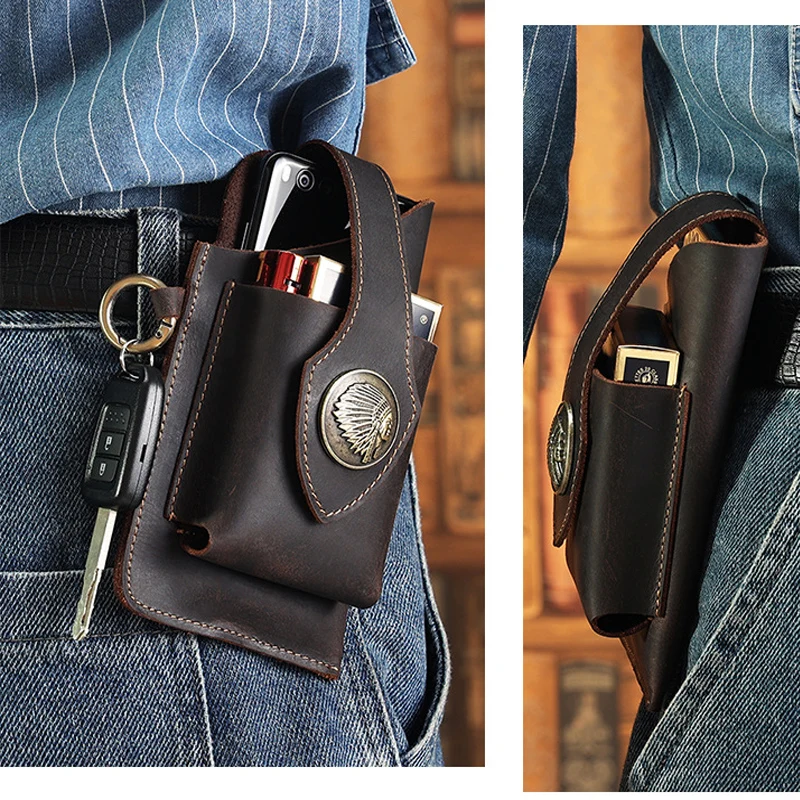 Luxury Layer Genuine Leather Waist Bag Men For Cigarette Mobile Phone Pouch Belt Loop Working Waist Packs Purse