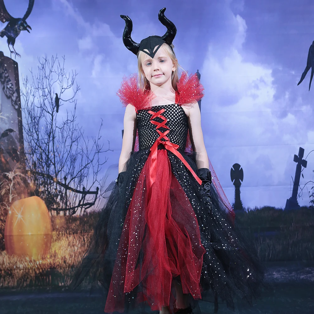

Sparkly Maleficent Halloween Costume Tutu Dress Deluxe Girls Fancy Dress Gown Kids Evil Queen Cosplay Witch Clothes Long Dresses