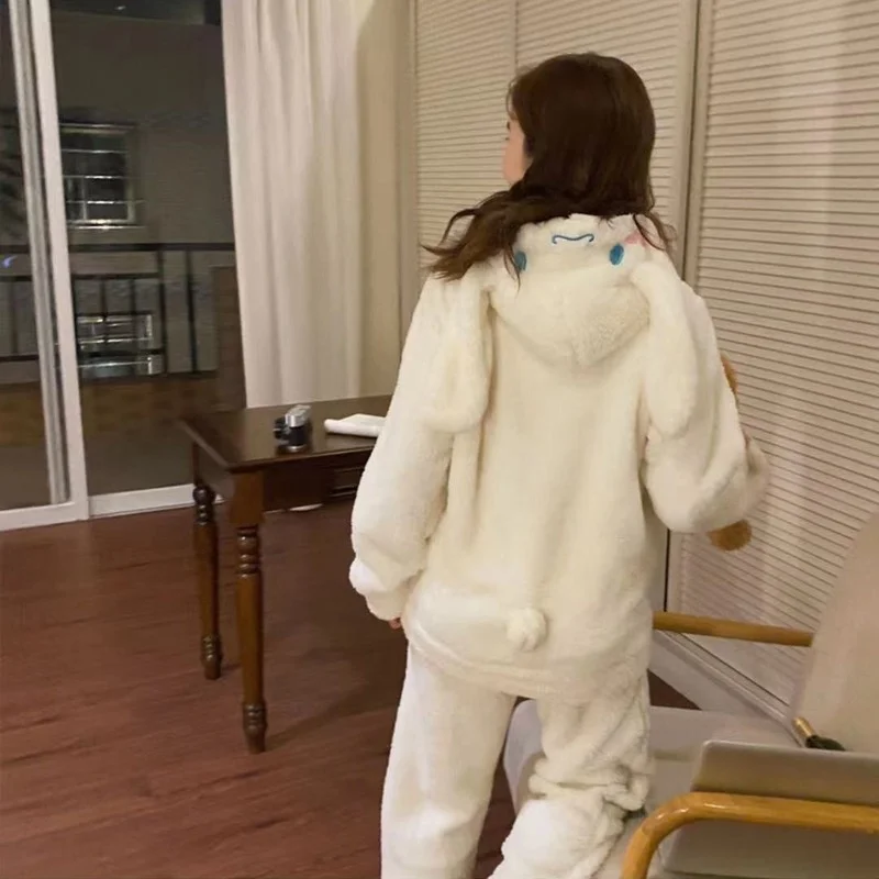 Autumn and Winter Japanese Girl's Pajamas Thickened Velvet Warm Hooded Cardigan Cute Yugui Dog Pajama Sets Night Gown Robe Sets