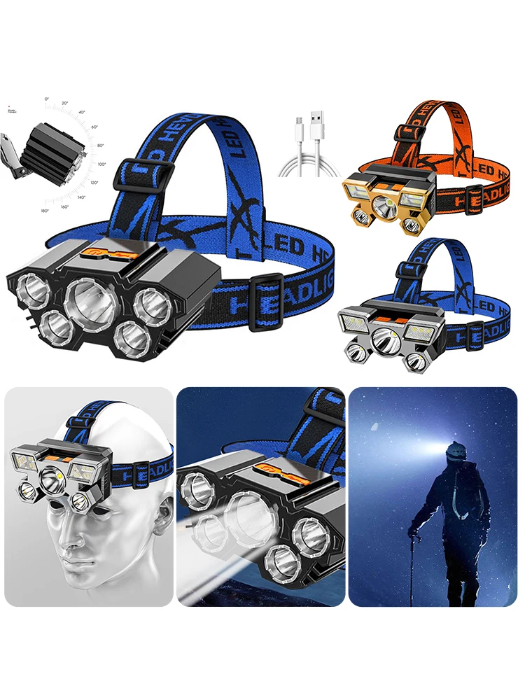 

USB Rechargeable Headlamp Portable 5 LED 600mAh 4 Gears 350lm Outdoor Headlight Camping Waterproof Warning Head Torch Flashlight