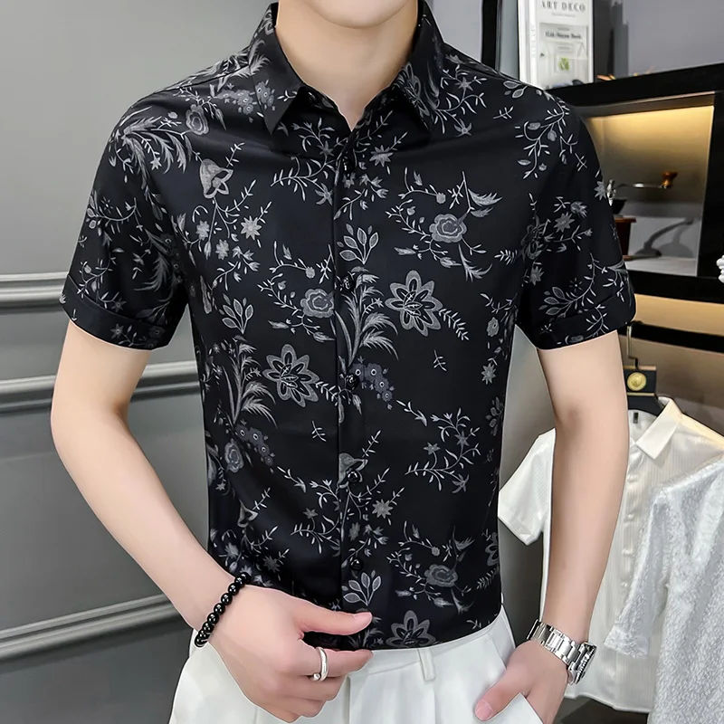 Flower Printed Shirts for Men 2022 Summer Short Sleeve Slim Casual Business Formal Dress Shirts Social Office Tops Men Clothing