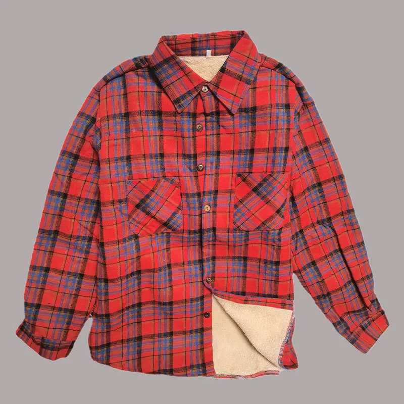 Jacket Casual Thicken Warm Fleece Lined Flannel Shirts Sherpa Button Down Shirt For Male