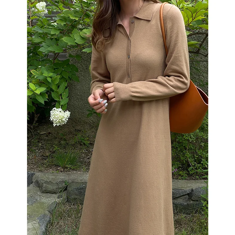 

Женское трикотажное платье без возврата денег, Корейская версия темпераментного платья с длинными рукавами и трапециевидной юбкой, 52165