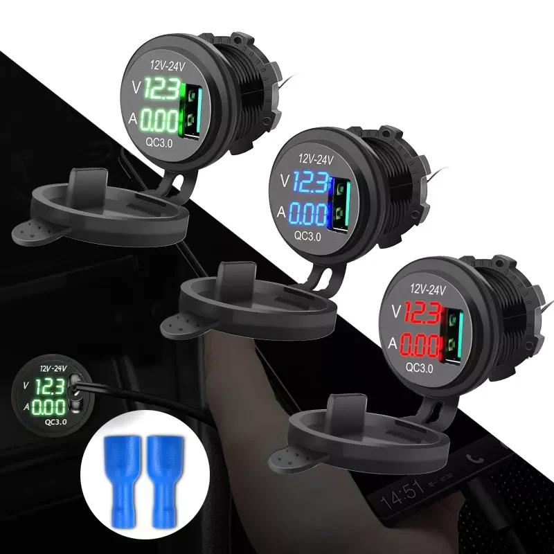 

QC 3.0 USB Charger Socket Outlet Power Charger Blue LED Digital Display Car Cigarette Lighter For Motorcycle Auto Truck ATV Boat