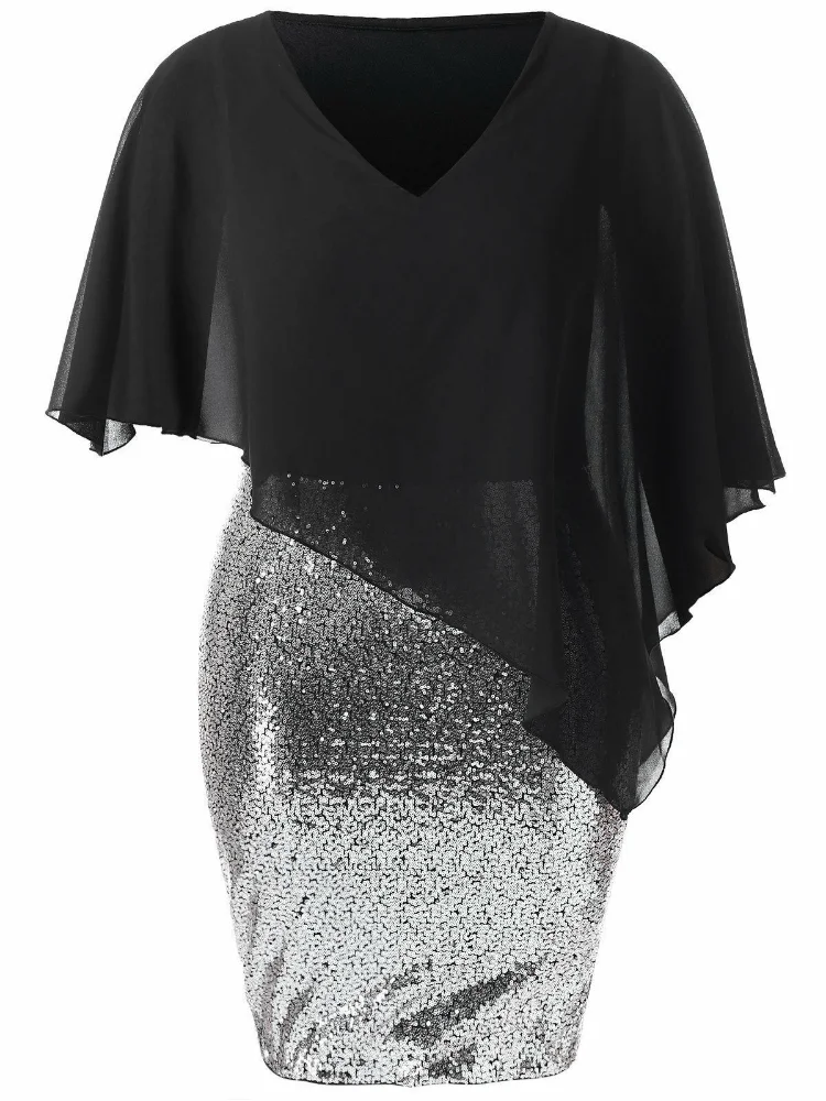 Sequin chiffon shawl dress plus size women clothing  v neck party dress