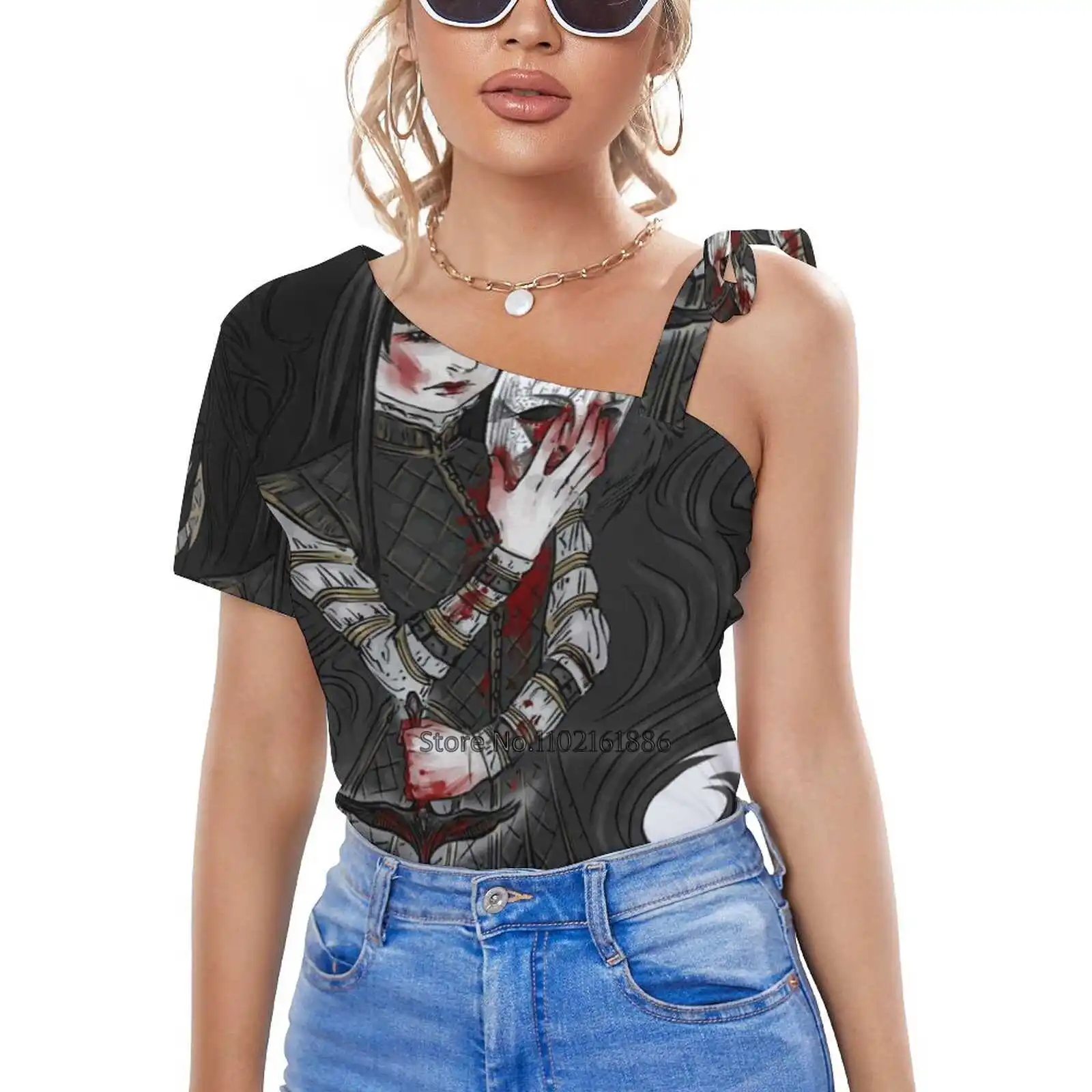 

Футболка на молнии с изображением кинжала и маски, повседневные топы, пуловер с вырезами, женские топы, футболки, футболки с изображением но...