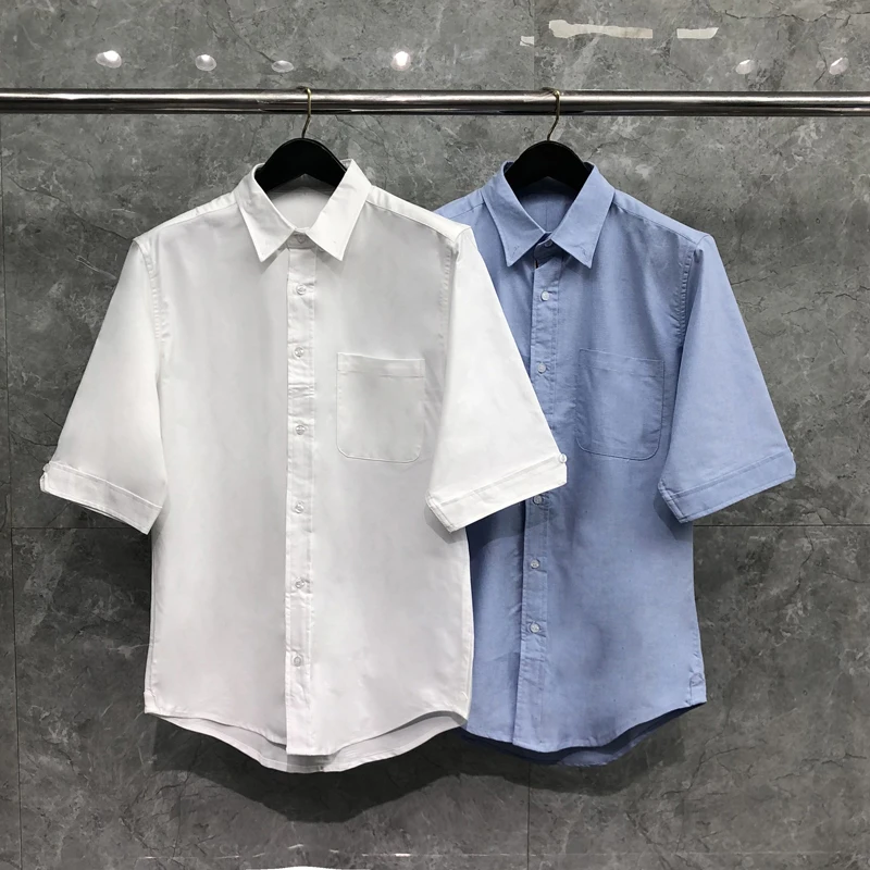 

TB THOM Men's Shirts Summer Fashion Brand Short Sleeve Tops White Pure Color Slim Cotton Oxford Shirt Casual Formal TB Shirt