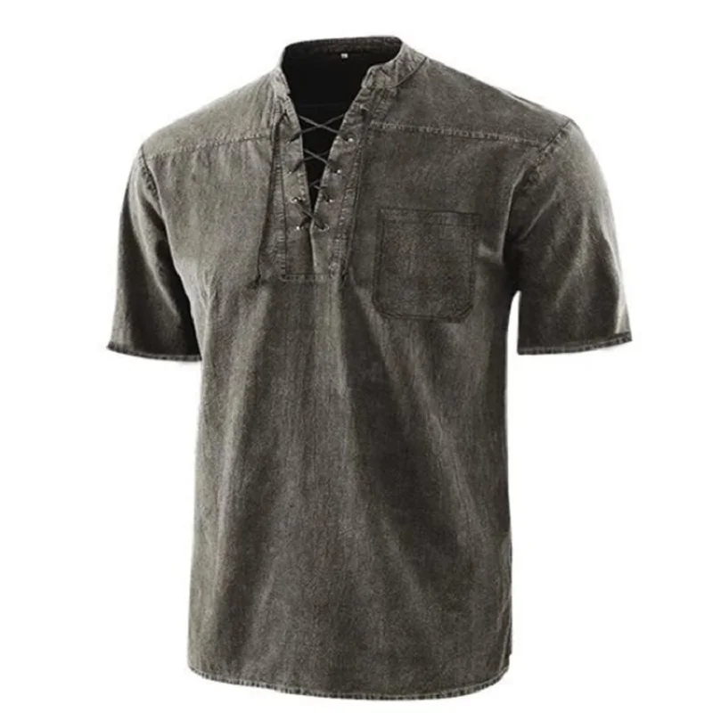 EUOW 2022 Fashion Summer Men's New Solid Color Retro Lace-Up Casual Short Sleeve Men Clothing Breathable High Quality Tops