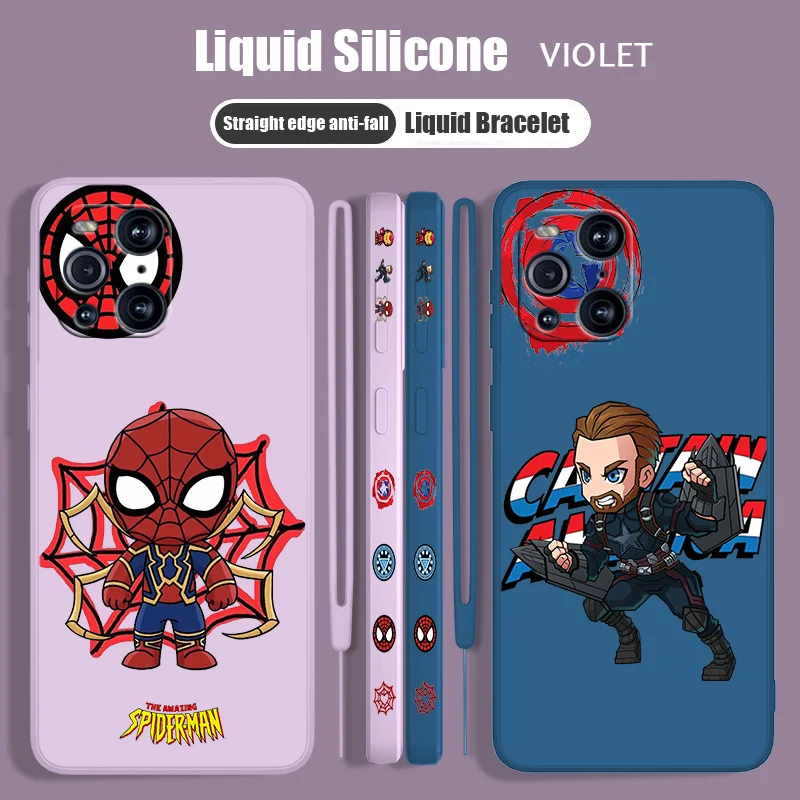 

Marvel Superhero Anime Liquid Left Rope Phone Case For OPPO Find X5 X3 X2 Lite Pro Neo 5G Lanyard Funda Soft TPU Cover