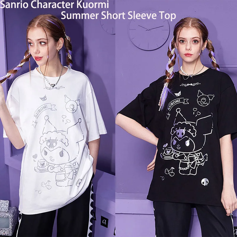 

Kawaii аниме Sanrio одежда мультфильм Kuromi футболка одежда Симпатичные летние женские модные топы с коротким рукавом для девочек подарок