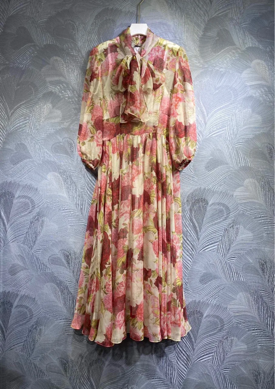 2023 Spring Summer Runways Women's High Quality Floral Print Bowtie Lantern Sleeves Dress C074
