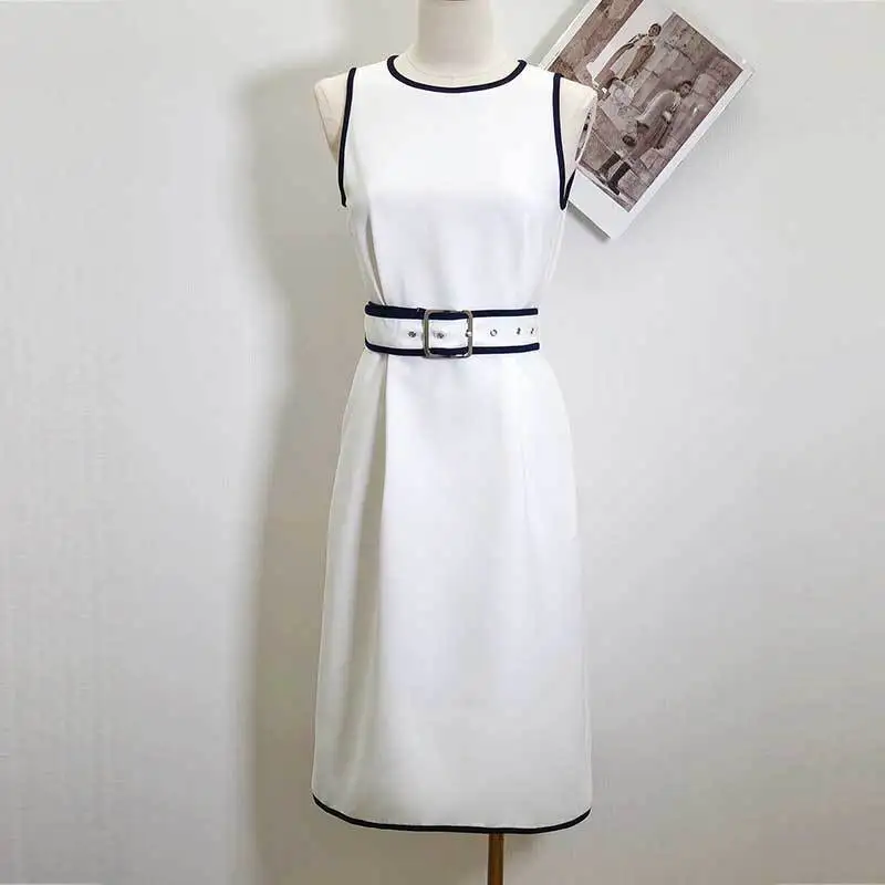 

Y2K Women White Vest Waist Up Sleeveless Dress Fashion Round Neck A-line Mid Calf Vest Dresses Elegant Solid Silk Wool Clothes