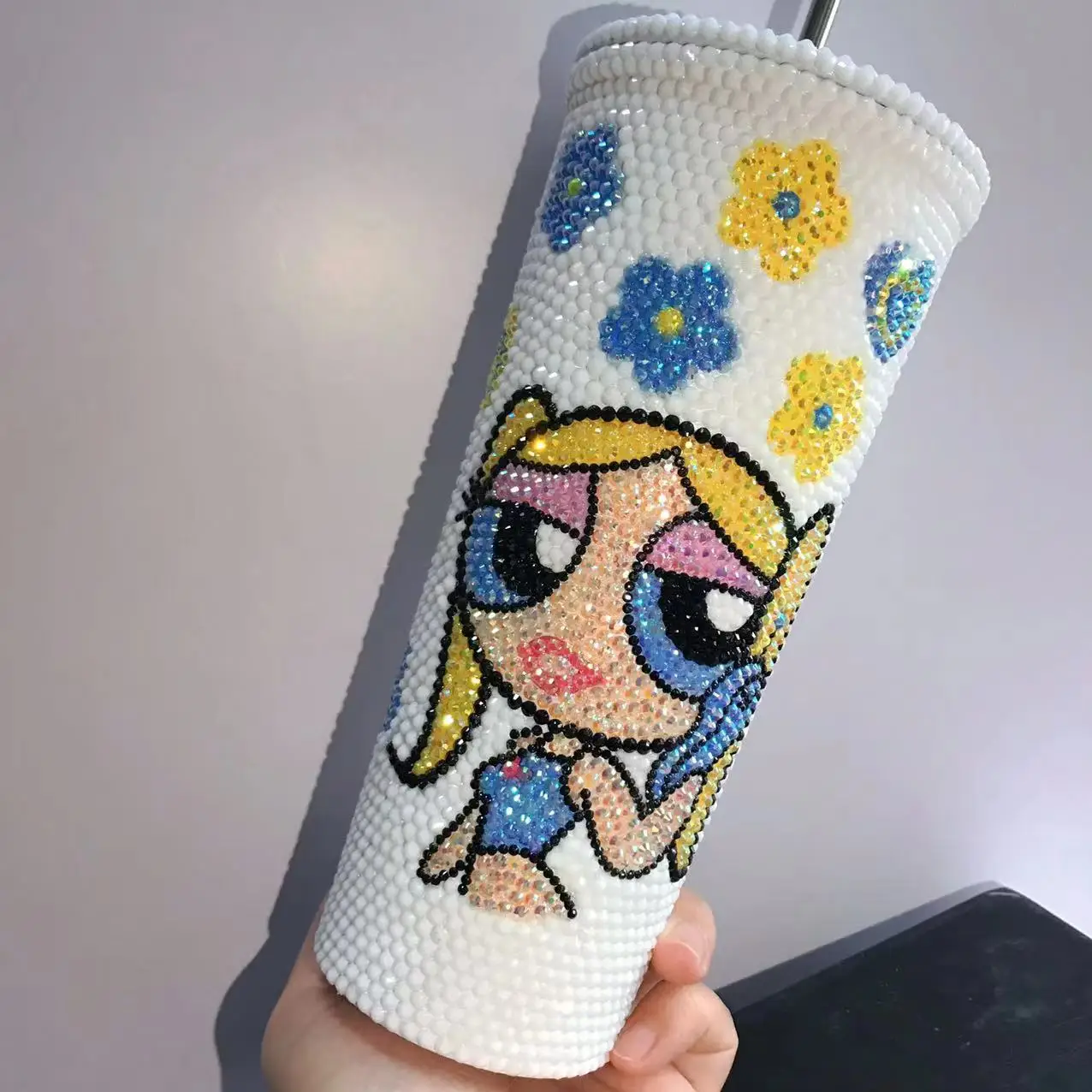 

Power Girls Bling Tumbler Personalized Name Rhinestone Coffee Cups Stainless Steel Water Bottle with Straw Custom Gifts for Her