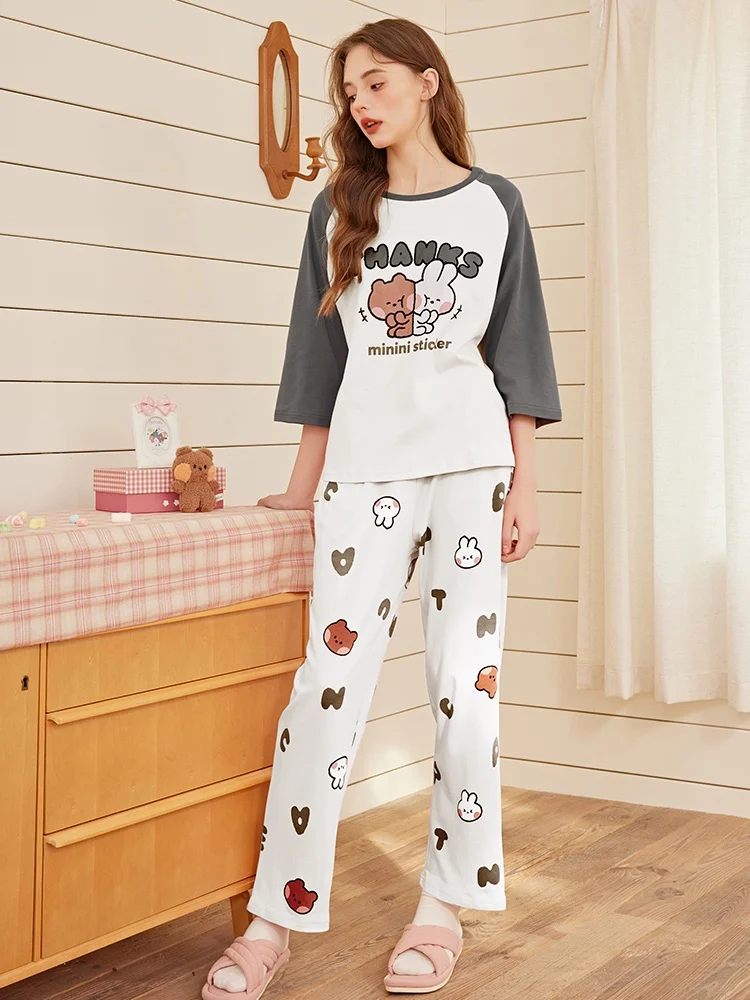 Finteng пижамы с коричневым медведем женские весенне-летние хлопковые брюки