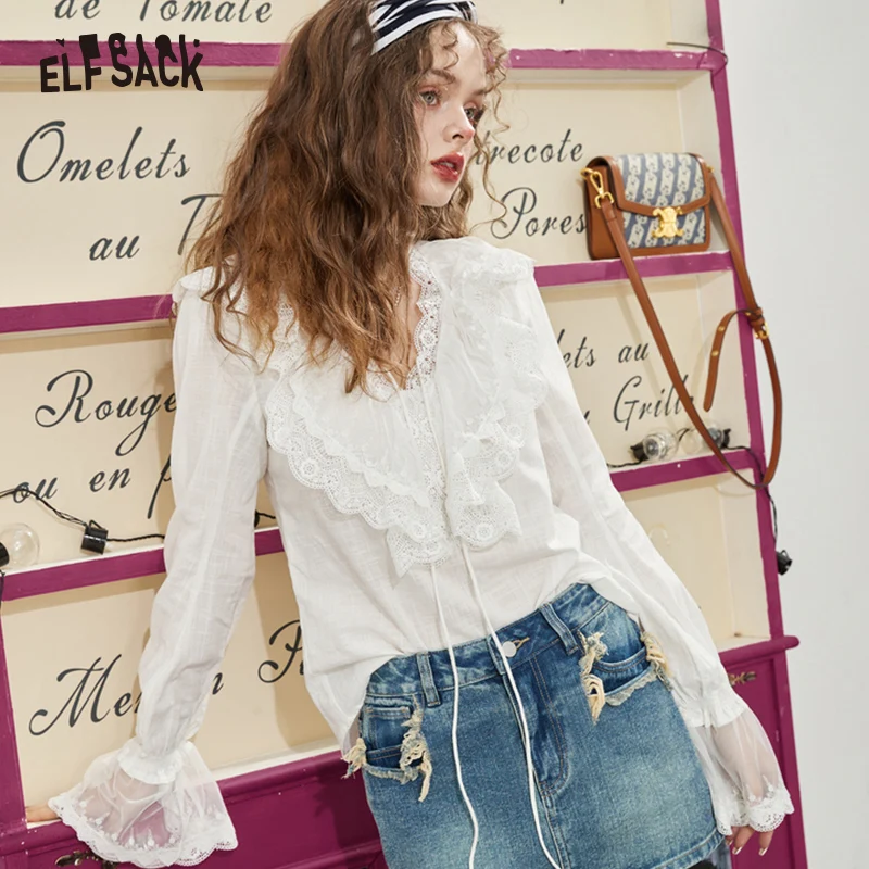 ELFSACK French White Lace Chiffon Blouses Women 2023 Spring New Long Sleeve Casual Tops