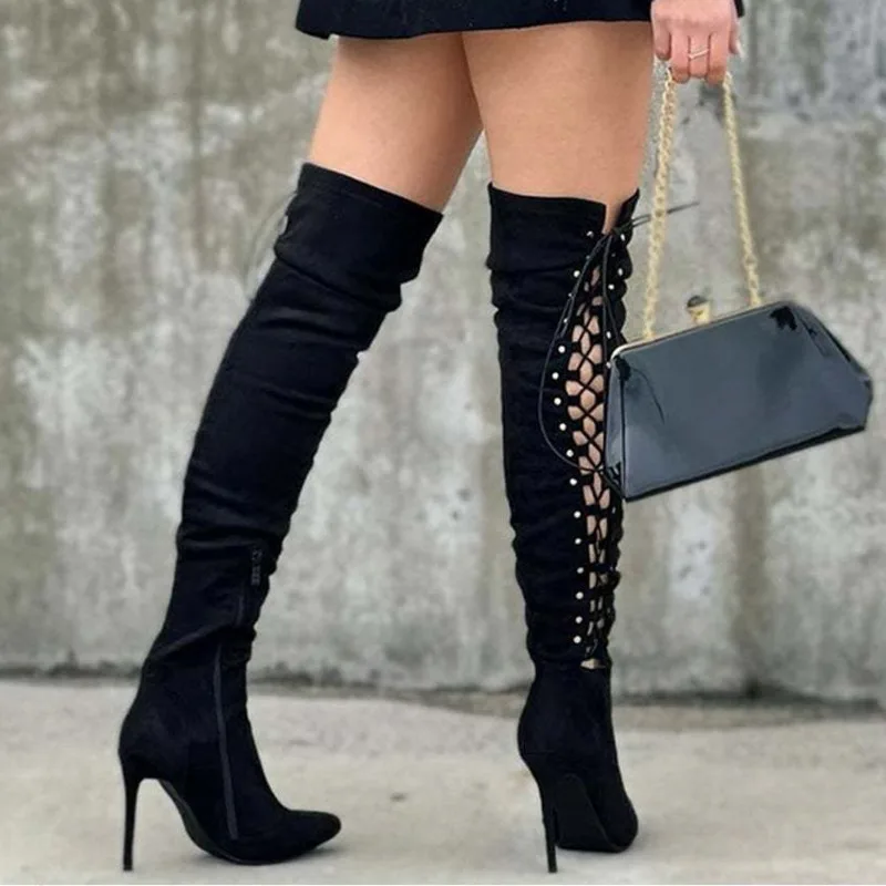 Женские ботфорты на шнуровке черные или коричневые высоком каблуке с молнией