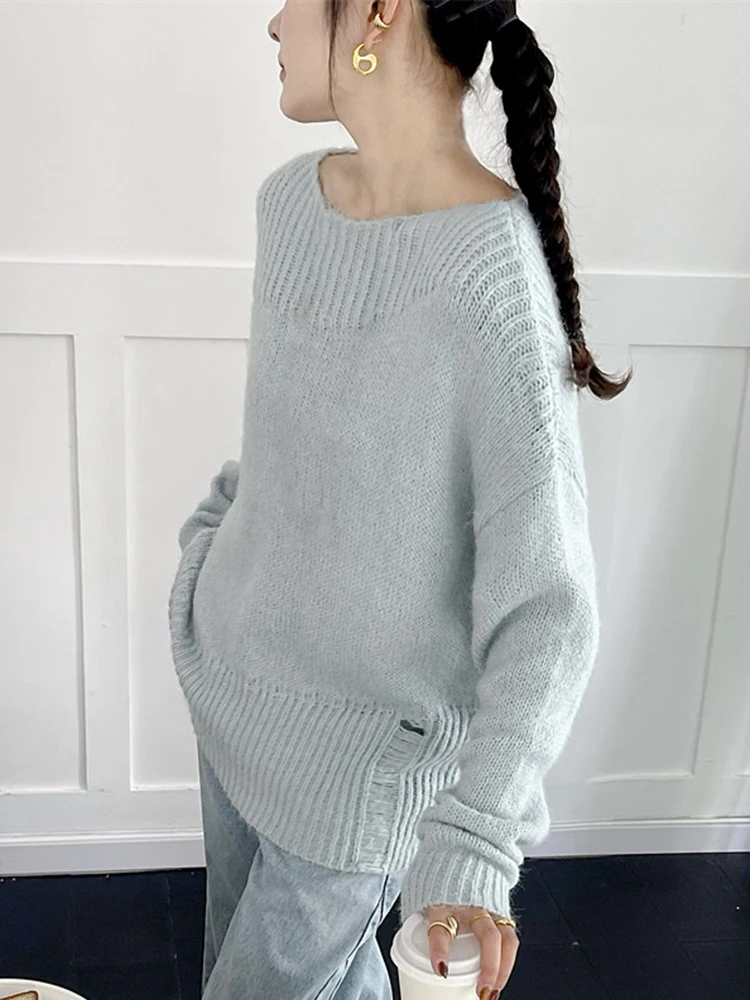 ] Niebieski duży rozmiar elegancki sweter dziergany wokół szyi z długim rękawem damskie swetry nowa moda fala wiosna jesień 2024 1DH7084