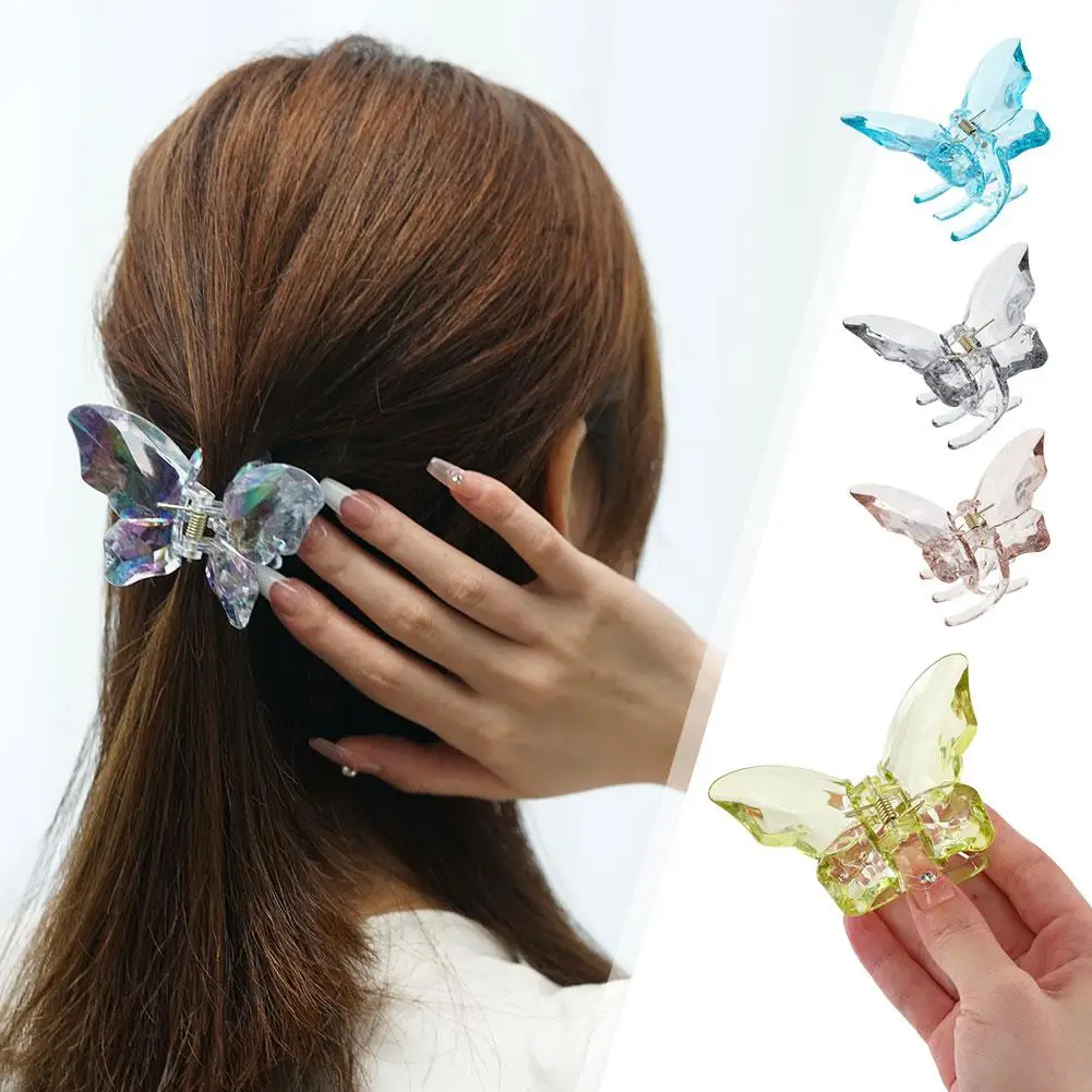 8.5cm Butterfly Hairpin Sweet Girls Fairy Clip Barrettes Clear Crystal  Gradient Shark Claws Hair Accessories 5 Color