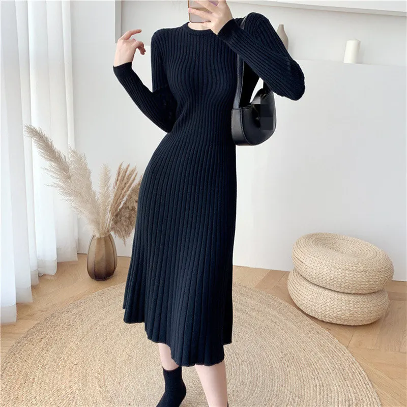 

Simple Stripe Solid Long Knitting Women Dress Autumn Winter Spring Sweater Dresses One Size O-Neck Female Soft Inner Clothes