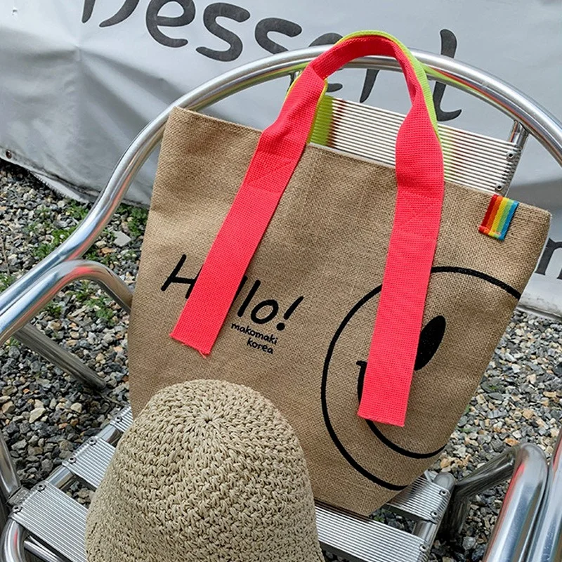 

Роскошные дизайнерские сумки для женщин, милая Повседневная сумка для покупок из хлопка и льна с принтом, вместительная сумка-тоут, кошельки 2023, Hello