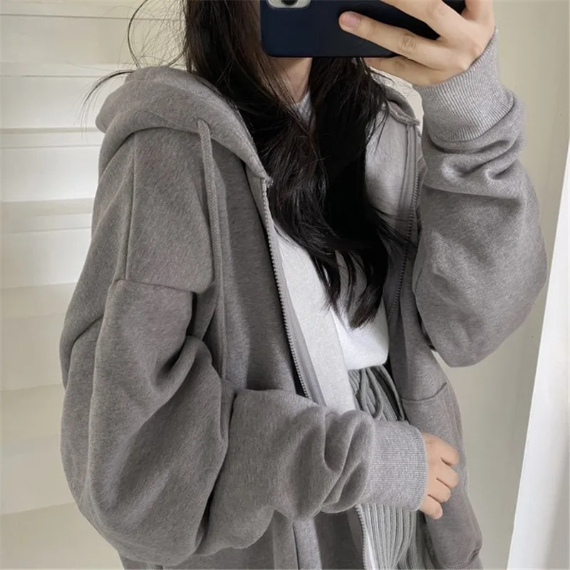 2021 Women's Oversized Hoodies Casual Solid Long Sleeve Zipper Jackets Korean Version Harajuku Loose Fleece Hooded Sweatshirts