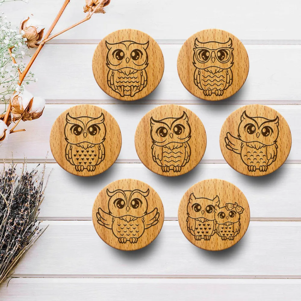 

New Engraved Cute Owl Wooden Drawer Knob Boho Nursery Cabinet Pulls Nature Wood Coat Hook Children's Room Furniture Handles