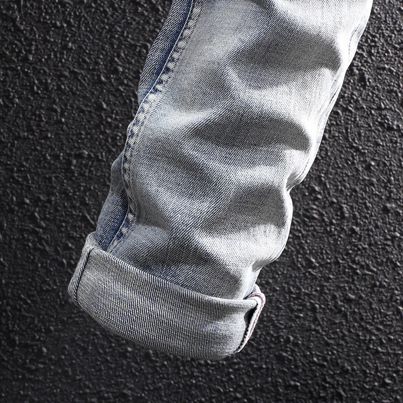 Fashion Designer Men Jeans High Quality Retro Light Blue Elastic Stretch Slim Fit Ripped Jeans Men Trousers Vintage Denim Pants