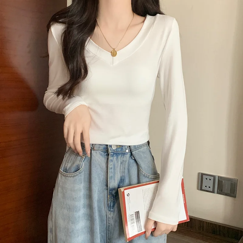 

Autumn New Elastic Long Sleeve Top Women All-match V-neck Long-sleeved T-shirts Thin Slim Fit Bottoming Shirts Tshirts