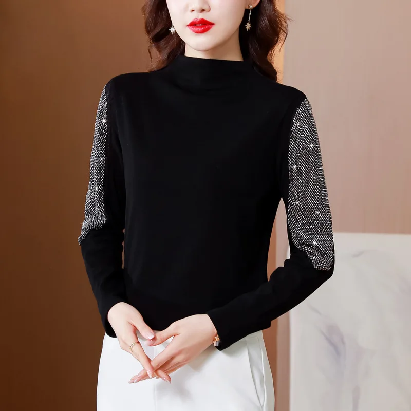 

Bottoming Shirt Women's Spring and Autumn 2022 New Long-sleeved Middle-aged Mother's Small Shirt with Ironing and Drilling