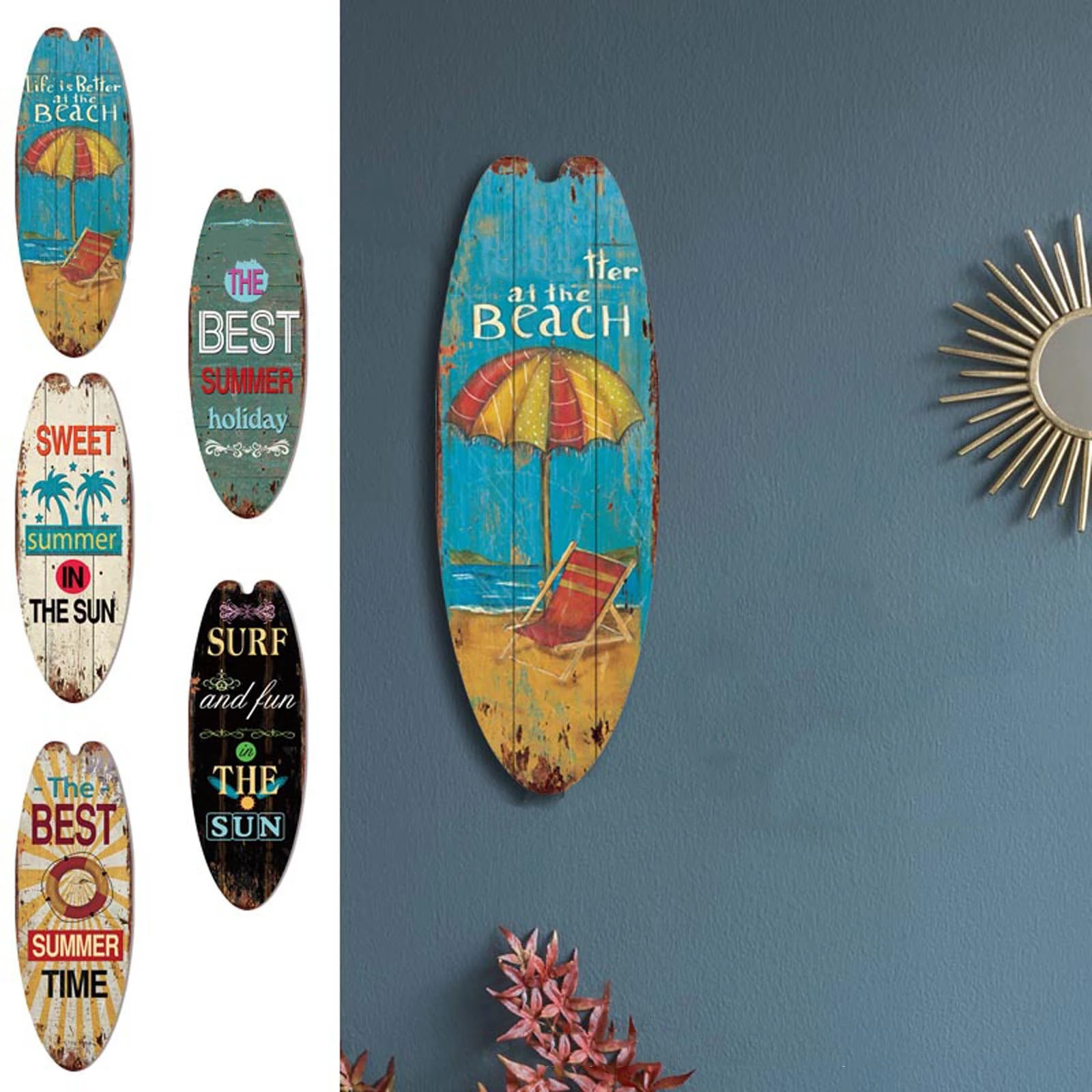 

Aqumotic 18-6.4" Surfboard Wood Sign Summer Decor Mediterranean Decoration Party Wall Big Hanging Plaques 1pc Pattern Random