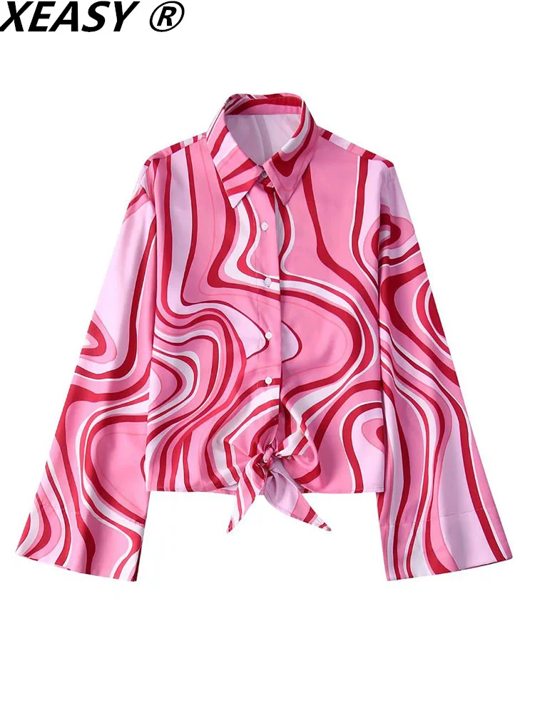 

XEASY Women Blouses 2022 Shirts For Women Clothing Long Sleeve Top Blouses Women Casual Buttoned Shirt Bow Print