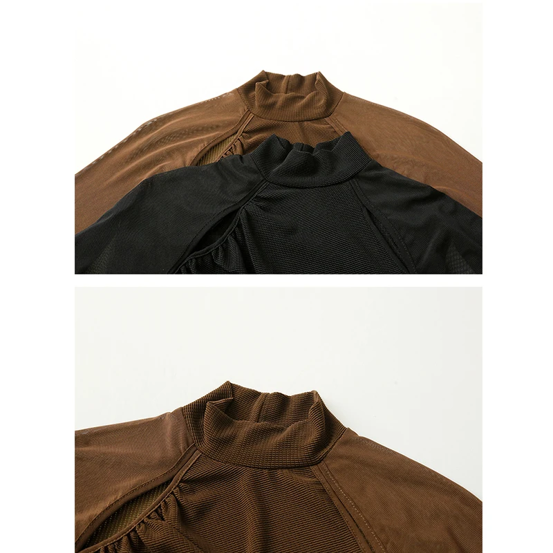 Женская футболка с длинным рукавом черная сетчатая высоким воротником и