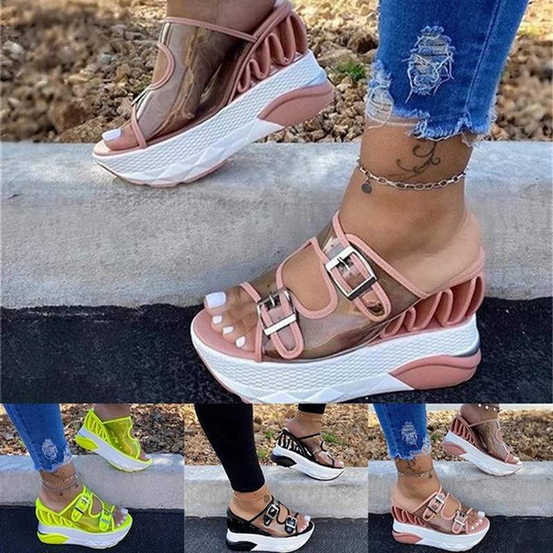 

Summer Women Slippers Hot Transparent Slides Beach Wear Buckle Hollow Platform Female Wedges Shoes High Heel
