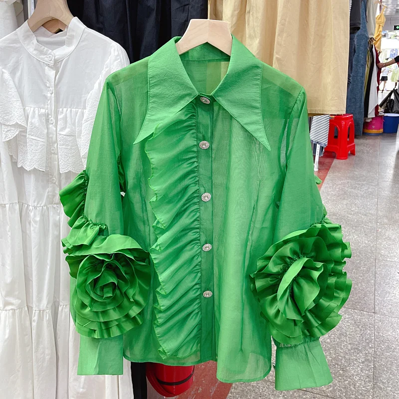 Уличная мода WHITNEY WANG 2022 Весенняя блузка с большими цветочными оборками женская