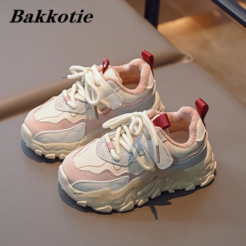 

Kids Sneakers 2022 Winter Boys Fashion Brand Sports Running Chunky Trainers Children Girls Warm Fur Shoes Soft Sole Platform