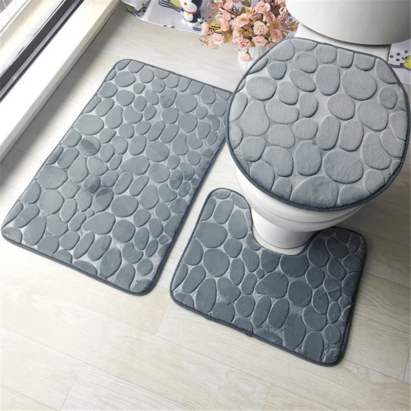 Set of 3 Bathroom Bath Mat Set Soft Non Slip 2PCS Cobblestone Mat Absorbent Bathroom Rug Shower Carpets Toilet Lid Cover Floor