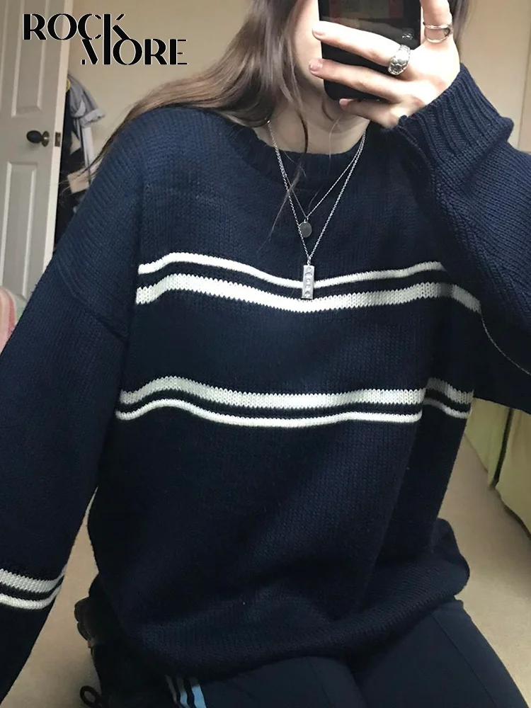 

Rockmore Retro Striped Sweaters Loose Women Preppy Casual Jumpers Autumn Y2K Aesthetic Pullover Knitwear Korean Grunge Fairycore