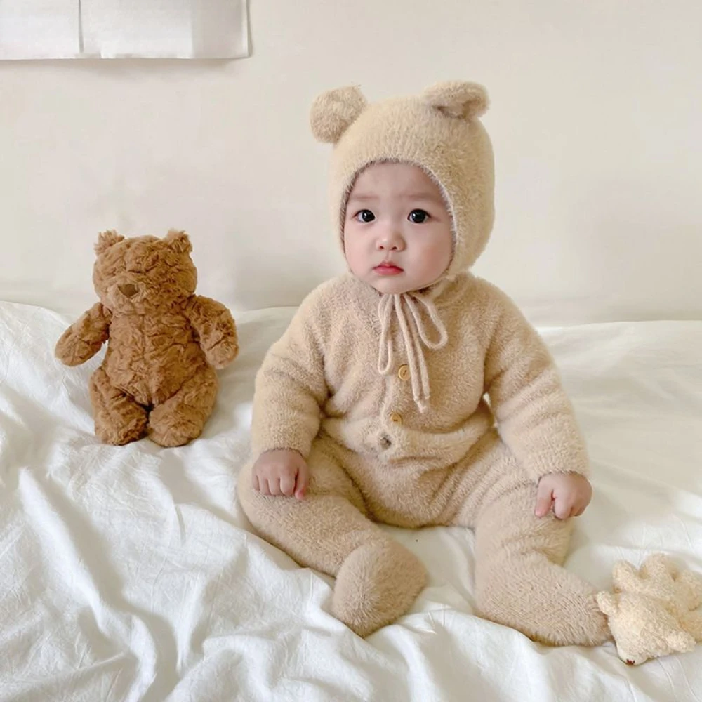 Newborn Baby Cartoon Bear Snowsuit Warm Fleece Hooded Romper Jumpsuit