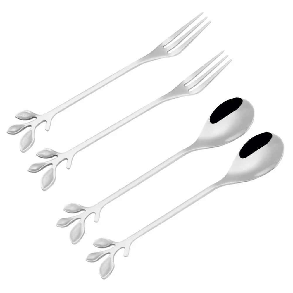 

Leaf Shape Spoon, 4pcs Stainless Steel Scoop Long Handle Spoons with 2 Spoons and 2 Forks, Silver